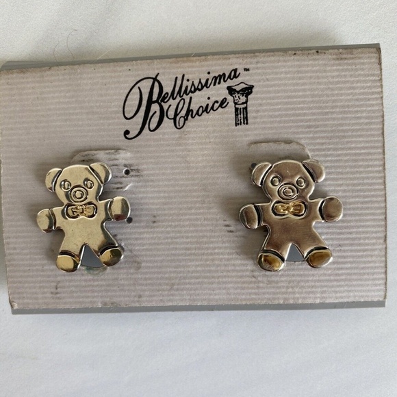 vintahe MJ silver tone clip on earrings teddy bear with goldtone bow - Picture 4 of 4